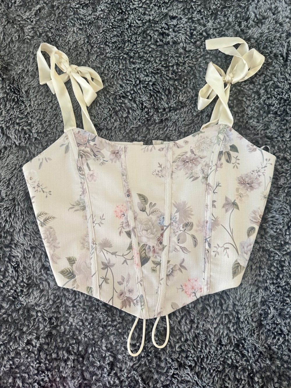 Lulu's Cream Floral Tie-Shoulder Corset Crop Top with Pastel Blooms